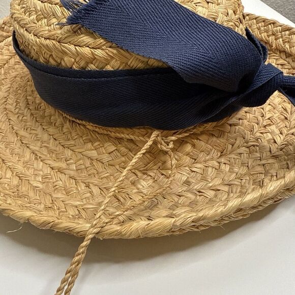 Helen Kaminski Classic Raffia Straw Hat Blue Ribbon Bow Sun  display picture 1